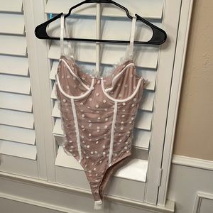 Revolve Tan and White Polka Dot Bodysuit